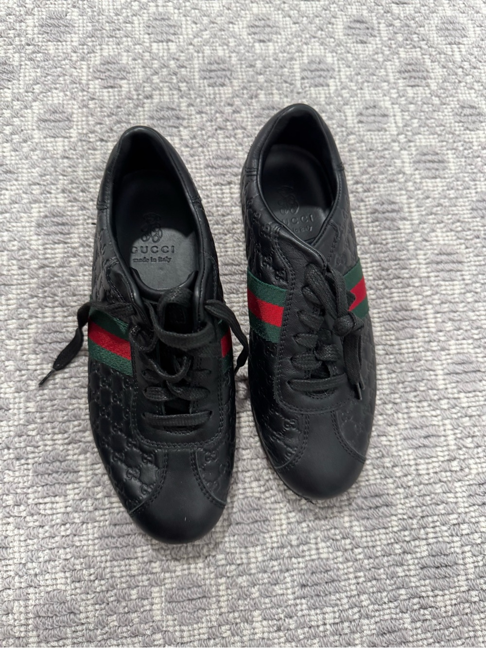 Gucci Black Leather Sneakers with Red & Green Web Stripe